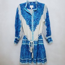 Lilly Pulitzer Drena Printed Tie Waist Linen Blend Breezy Aqua Shirt Dress 14