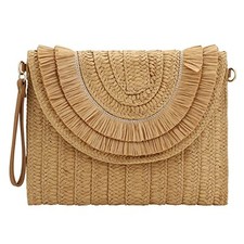 Straw Clutch, Straw Clutch Women Hand-woven for Summer Raffia Fringed Khaki