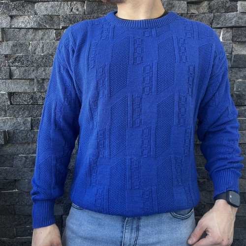 Vintage 80s Pierre Cardin Knit Sweater Blue USA Made 100% Cotton M Fit - Picture 3 of 8