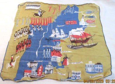 VINTAGE~HANDKERCHIEF~ PAT PRICHARD STYLE~ FEATURES~MAP MOTIF OF NEW ENGLAND