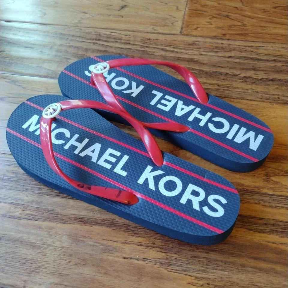 Zapato chanclas Michael Kors talla 9 para mujer azul marino a rayas logotipo MK impreso Foto 3 de 4