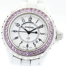 CHANEL J12 H1181 Pink Sapphire Bezel white Dial Quartz Ladies Watch_903320