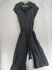 Country Road Jumpsuit Womens 10 Black Linen Belted Shirt Button Wide Leg Baggy