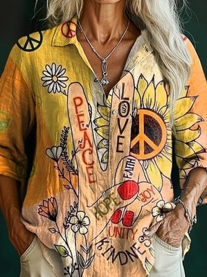 Yellow Sunflower Blouse Women Boho Floral Graphic Long Sleeve Peace Sign Shirt