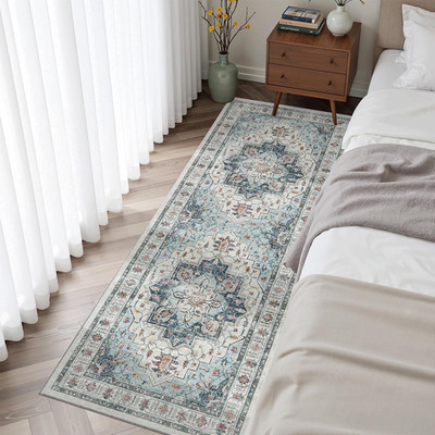 Blue Runner Rug, 2X5, Low-Pile, Non-Slip, Washable, Stain Resistant, Retro, Mach