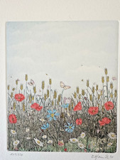Bernd Hauck 1990 Hand Colored Original Etching POPPIES AND CORN FLOWERS