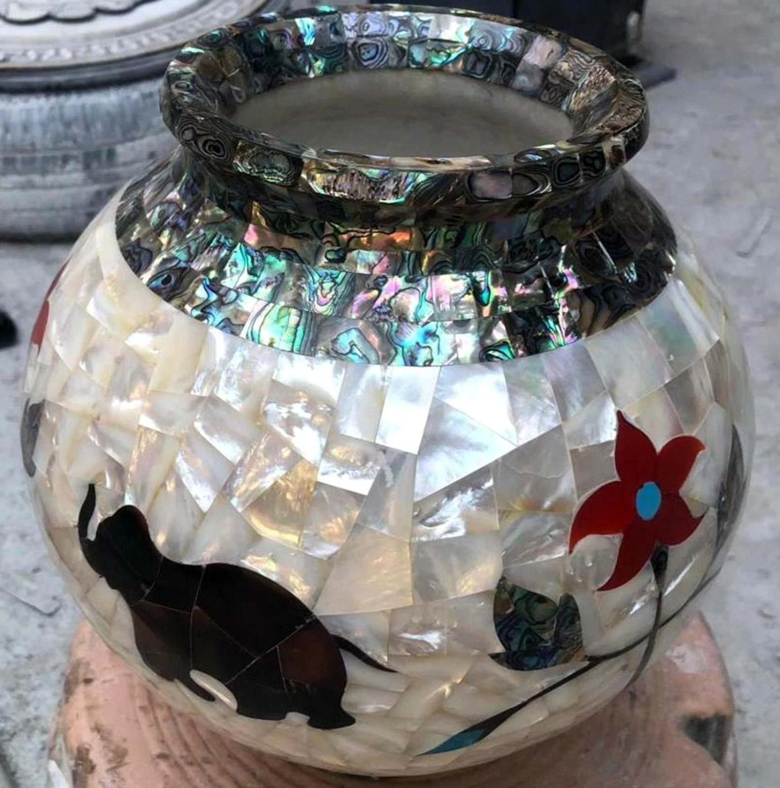 7 Inches Stone Plant Pot with Royal Look | Mother of Pearl Flower Vase for Home