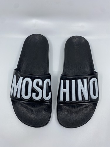 MOSCHINO Black & White Logo Pool Slides Sandals - Size 38 - Made In Italy - GUC! - Picture 2 of 11