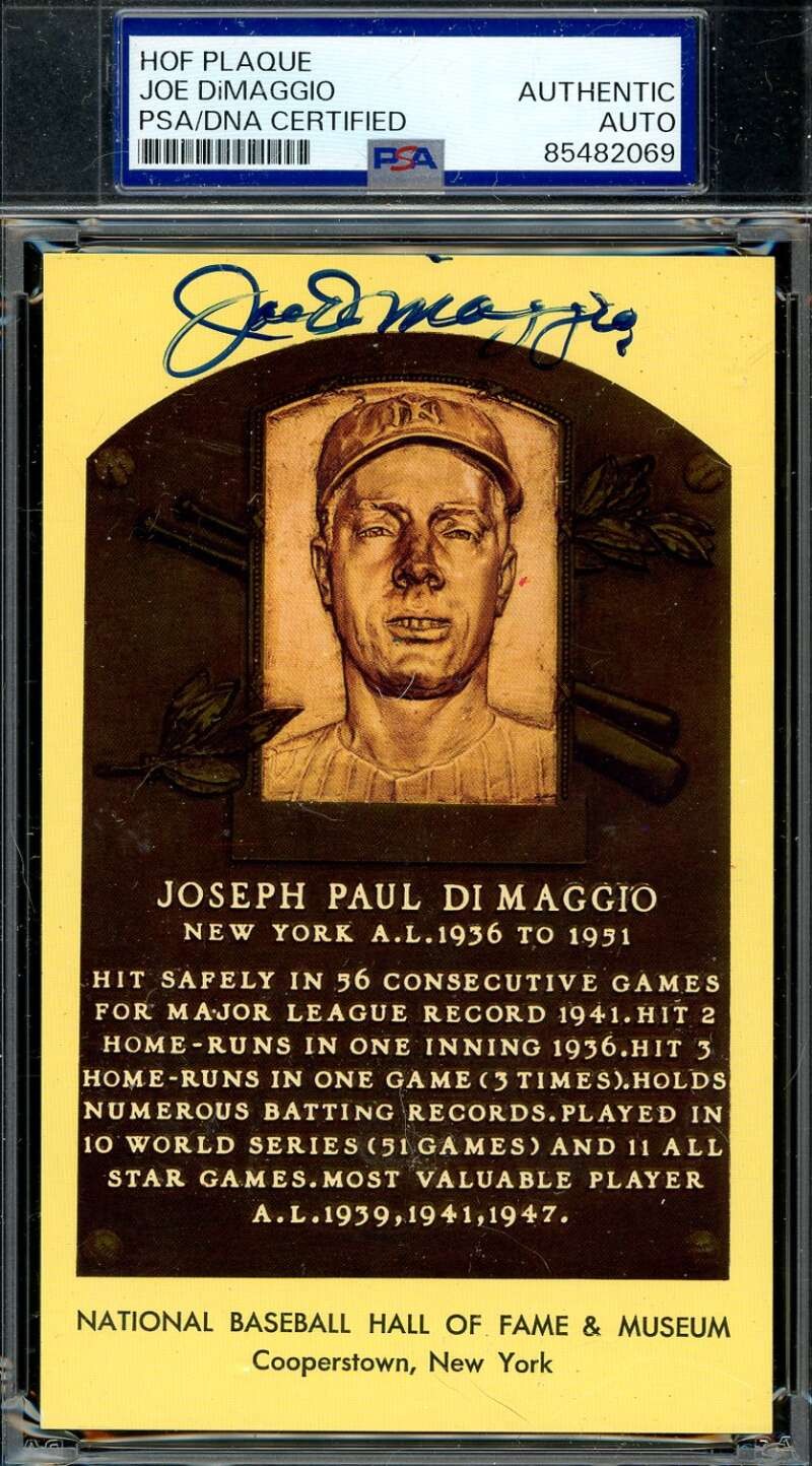 Joe Dimaggio PSA DNA Signed Gold Hall of Fame Plaque Postcard Autograph