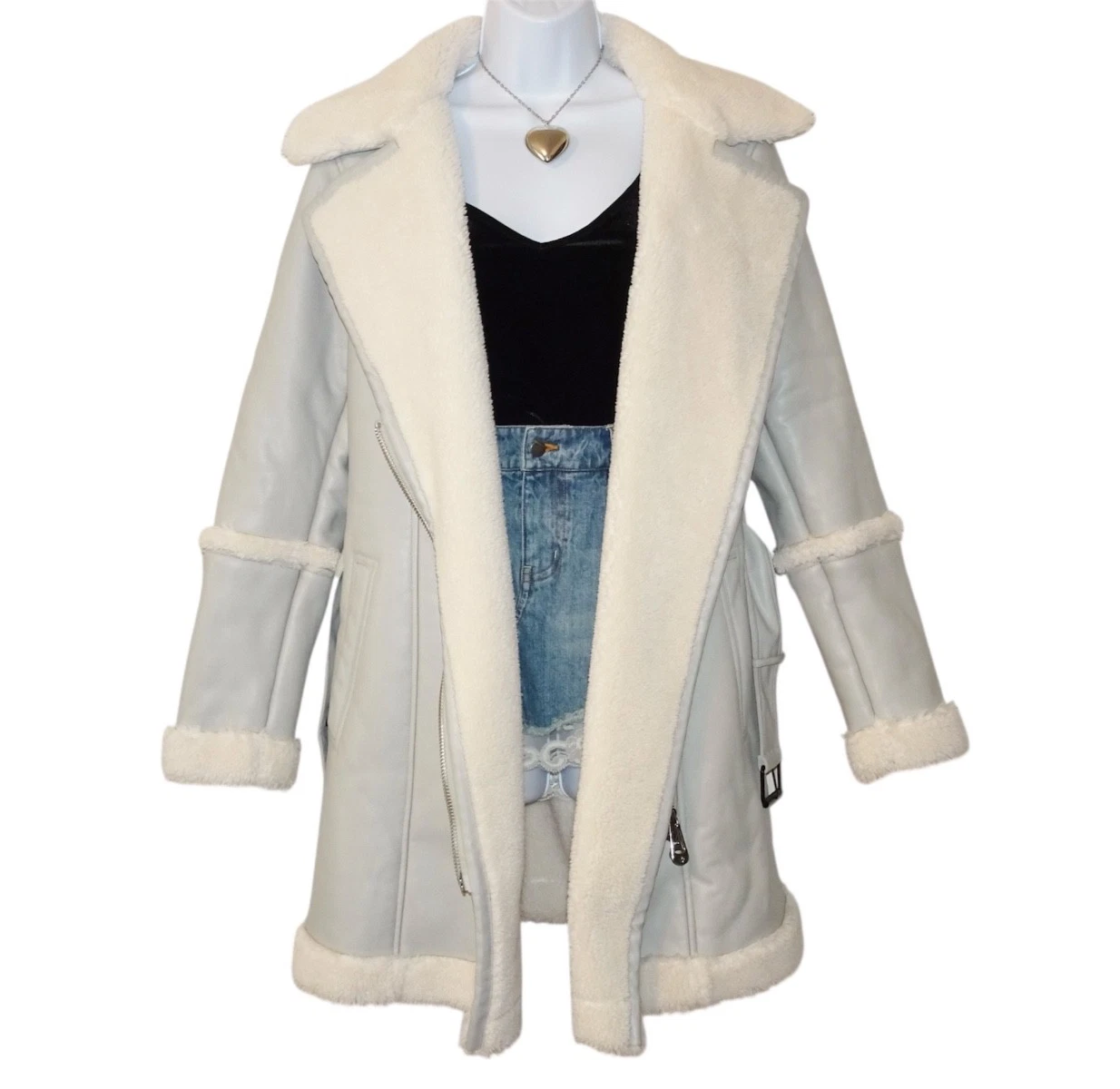Y2K Sherpa Lined Vegan Leather Mid Length Winter Jacket Belted Waist NOIZE Coat