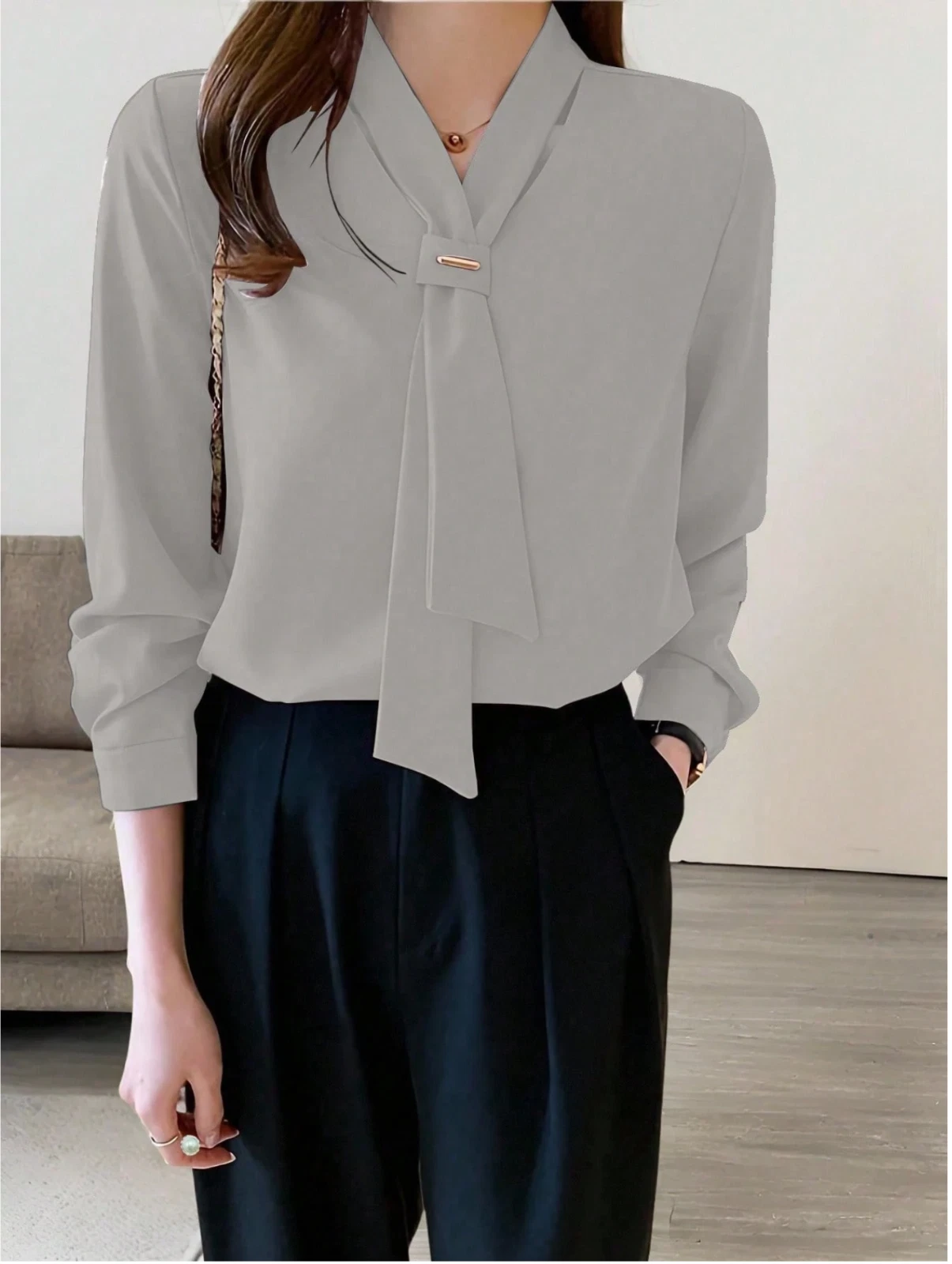Gray Women's Simple Elegant Office Wear Solid Color Long Sleeve Blouse Top