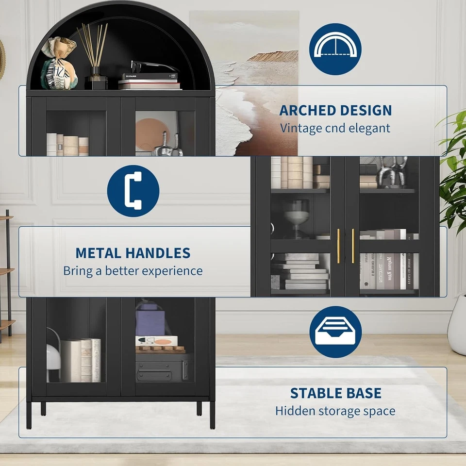 Gabinete de almacenamiento de despensa de cocina arqueado de metal de 73 pulgadas de alto con puertas de vidrio Foto 4 de 4