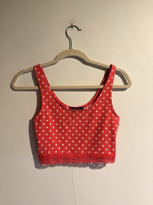 Red Polka Dot Crop Top With Lace Trim