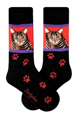 Brown Tabby Cat Men's Crew Socks Size 10-13 Sabyloo Novelty Paws Fashion New