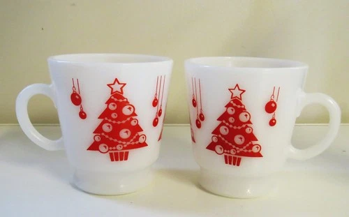 2 Hazel Atlas Milk Glass Christmas Holiday Cup Egg Nog 6 oz. Vintage