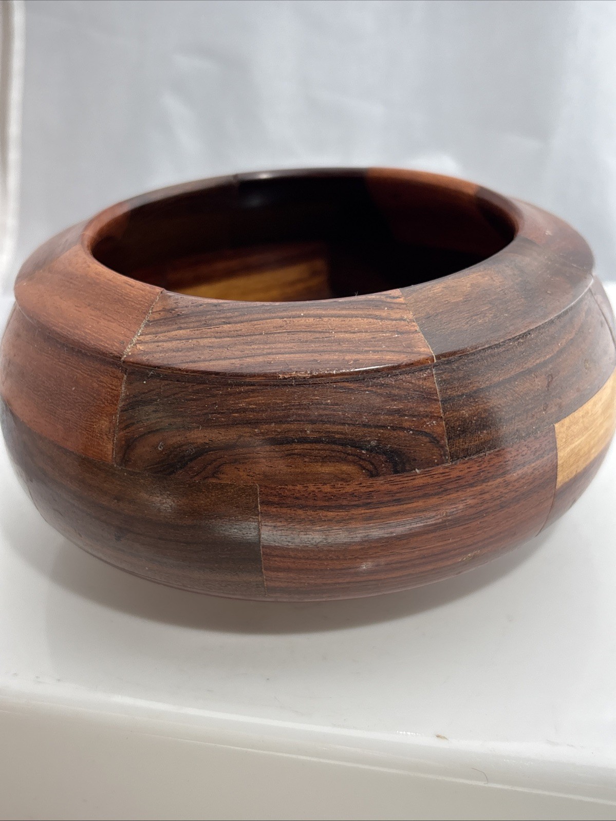 Vintage Hand Turned Lidded Wood Trinket Box Craft Marquetry 6”