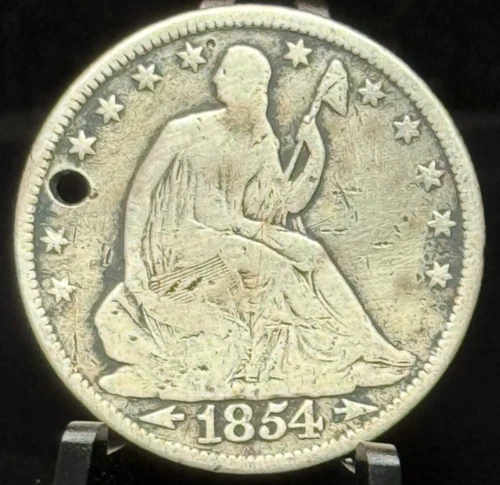1854 US Seated Liberty Half Dollar 50C Silver Coin- Hole