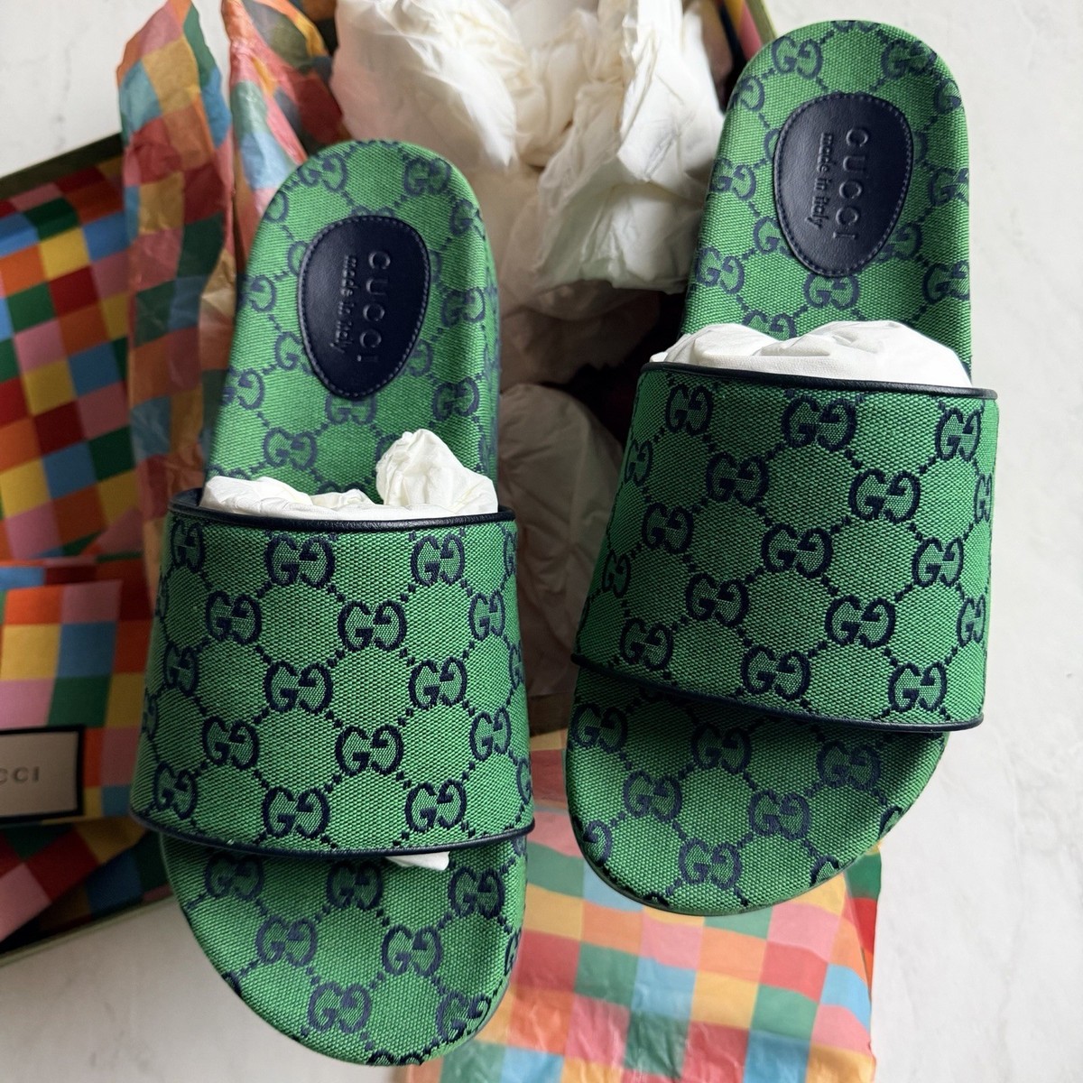 GUCCI グリーン ストラップヒールサンダル Gucci Monogram GG Canvas Slide Green Sandals Men | eBay