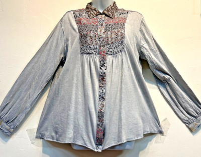 Nwt FUNKY STUFF patch gray boho embroidery knit cotton BLOUSE TOP XL Free shipp
