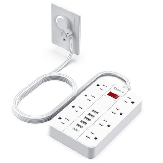Power Strip with USB,Surge Protector Flat Plug with 8 Widely Spaced 5FT White