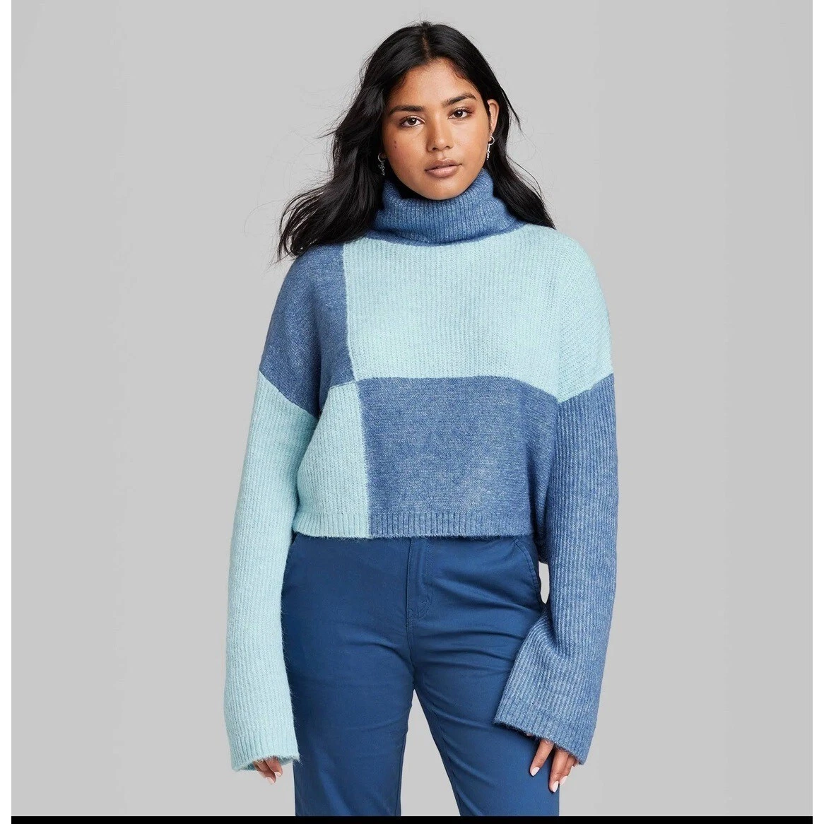 Wild Fable Women's Cropped Turtleneck Pullover Sweater SMALL BLUE COLOR  BLOCK