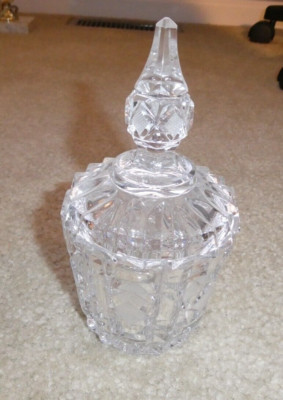 Antique Cut Glass Lidded Sugar Bowl Etched Diamond Design 6 1/4'' Tall