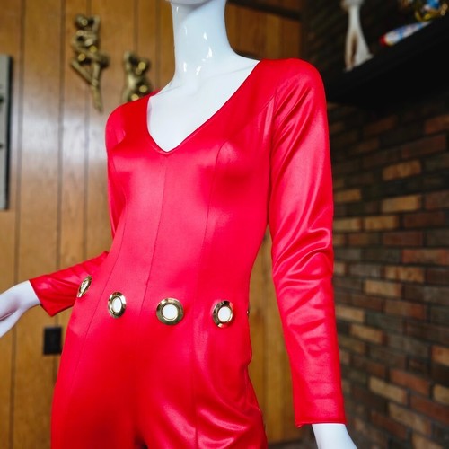 Vtg 70s Hip Hugger Funky Disco Wet Look Catsuit Soul Train Bellbottom Jumpsuit M - Picture 2 of 11