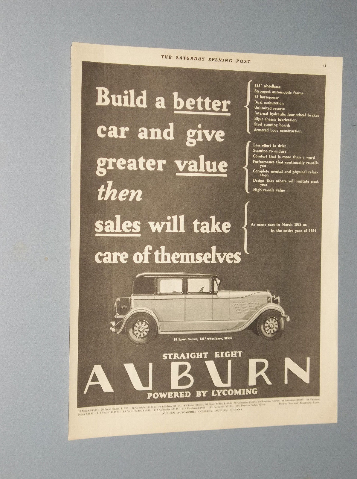 1928 FOUR-DOOR AUBURN STRAIGHT EIGHT 88 SPORT SEDAN AUTO AD POWERED BY ...
