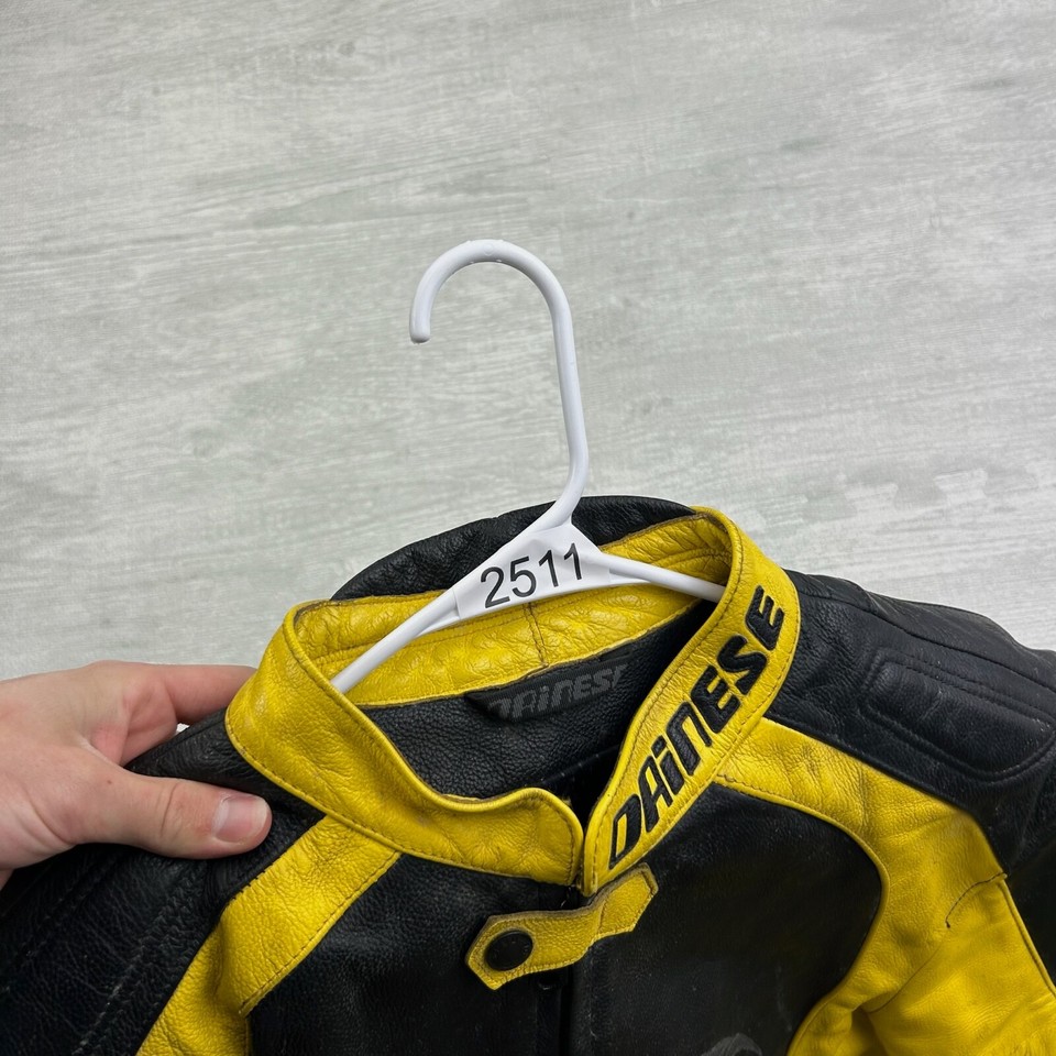 Vintage Dainese Leather Jacket Mens 56 Black Yellow Motorcycle Racing
