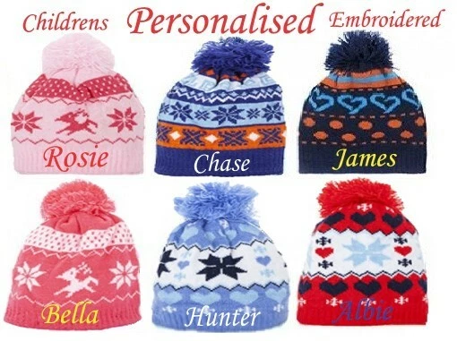 STORM WARMERS PERSONALISED Kids GIRLS BOYS POM POM BEANIE HAT 0-6months WINTER PINK BLUE GIFT