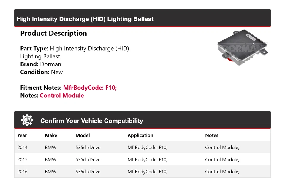 Balastro de iluminación HID 2015 para BMW 535d xDrive Dorman 2014-2016 Foto 2 de 4