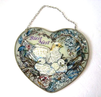 Amia Hand Painted  Stained Glass  Floral Sun Catcher Heart Shaped ''Blest Nest''