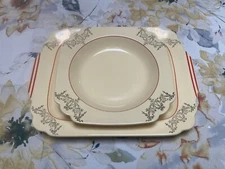 Vintage Homer Laughlin Century Gold Garland 11-1/2" Platter; Deep Plate w/Red