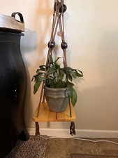 Macrame Plant Hanger with Wood Shelf Brown Beads Vintage MCM Hanging Vine Ivy