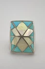 Vtg Zuni Sterling Silver Turquoise & Mother Of Pearl Flush Ingot Mens Ring 21.3g