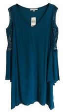Fever Women’s Cold Shoulder Lace Trim Bell Sleeves Dress, Lyons Blue, Large 