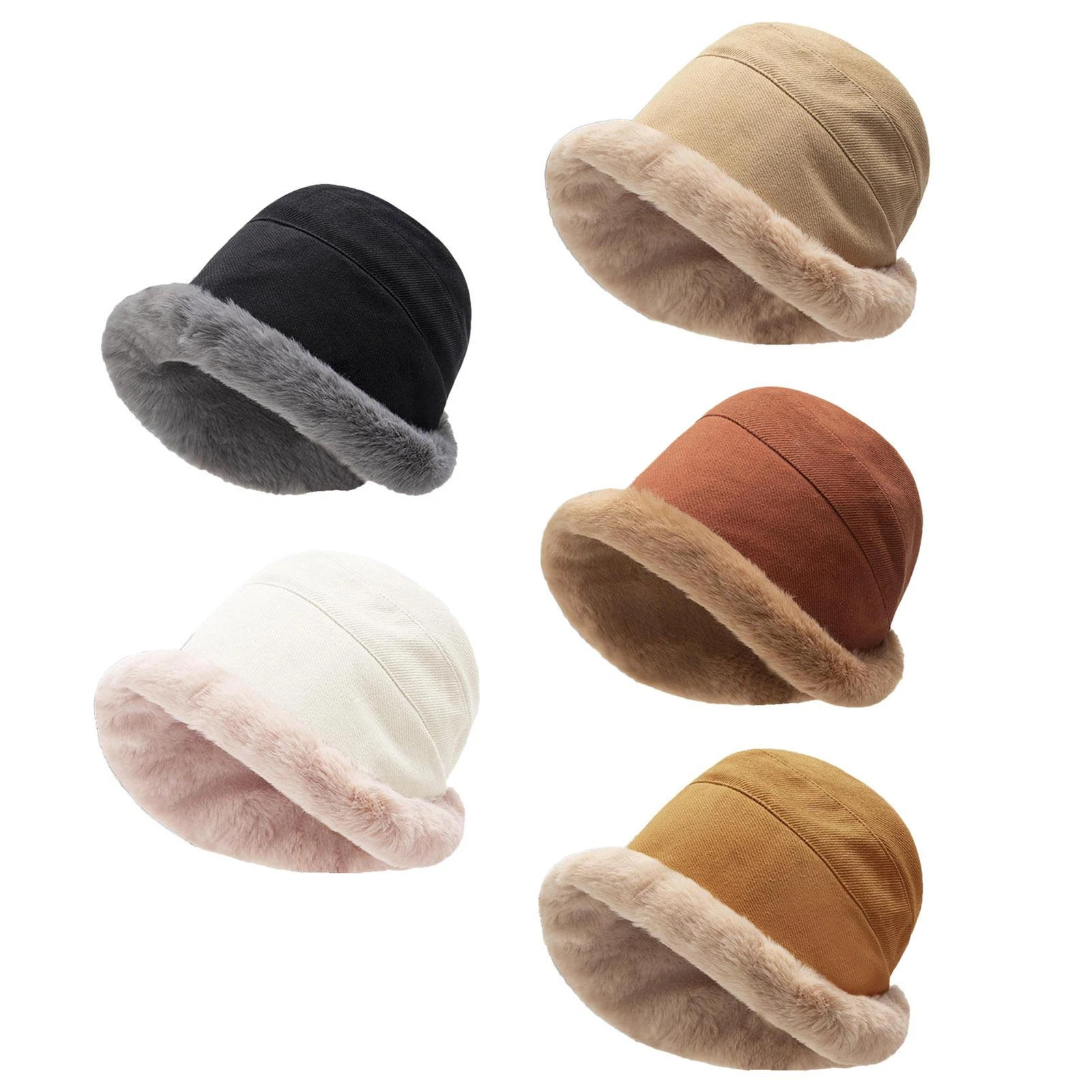 Fluffy Bucket Hat Soft Plush Fur Bucket Hat Solid Colour Fisherman Cap Lady Hats