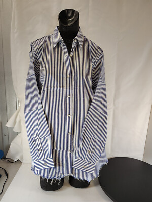 One24 Rags Western Shirt Womens LG Blue/white Strips/Button up pearl w/ A saying