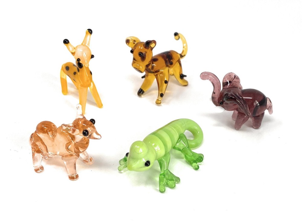 Set of 5 Ganz Miniature Glass Animals Elephant, Camel, Chameleon,Jaguar, Giraffe