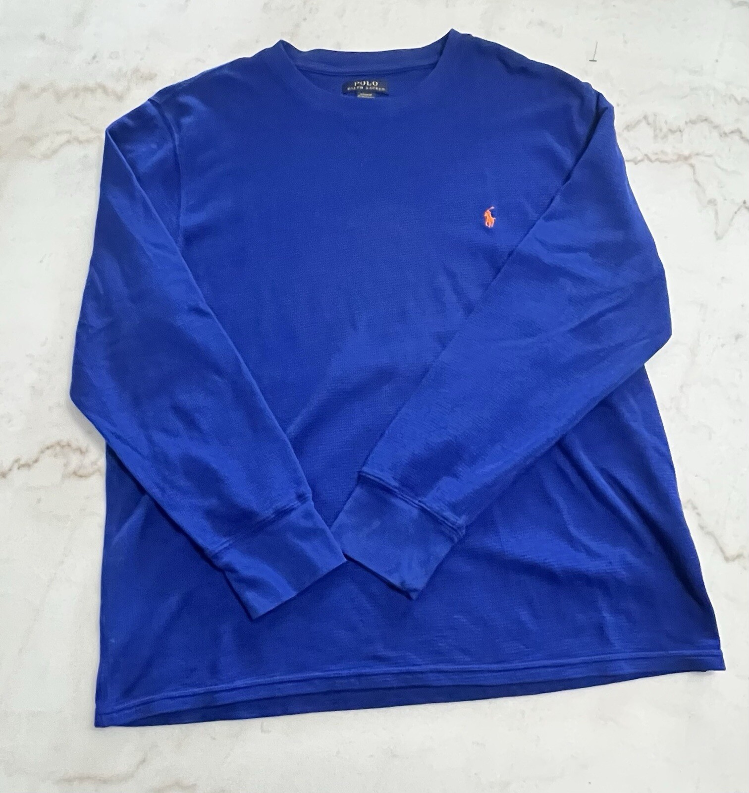 T shirt Ralph Lauren Waffle manica lunga blu royal con emblema pony arancione M XL