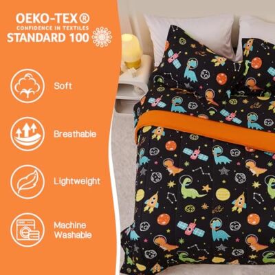 LUVIVIHOME Dinosaur Comforter Set - Full Size Astronaut T-Rex Solar System Bedding For Kids