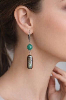 Estate 925 Sterling Silver Green Aventurine & Baroque Pearl Drop Earrings