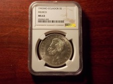 1943 Ecuador 5 Sucres silver coin NGC MS-63