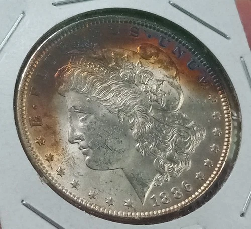 Awesome 1886-P Morgan Silver Dollar Rainbow Toned BU Gem Pulled From PCI Slab