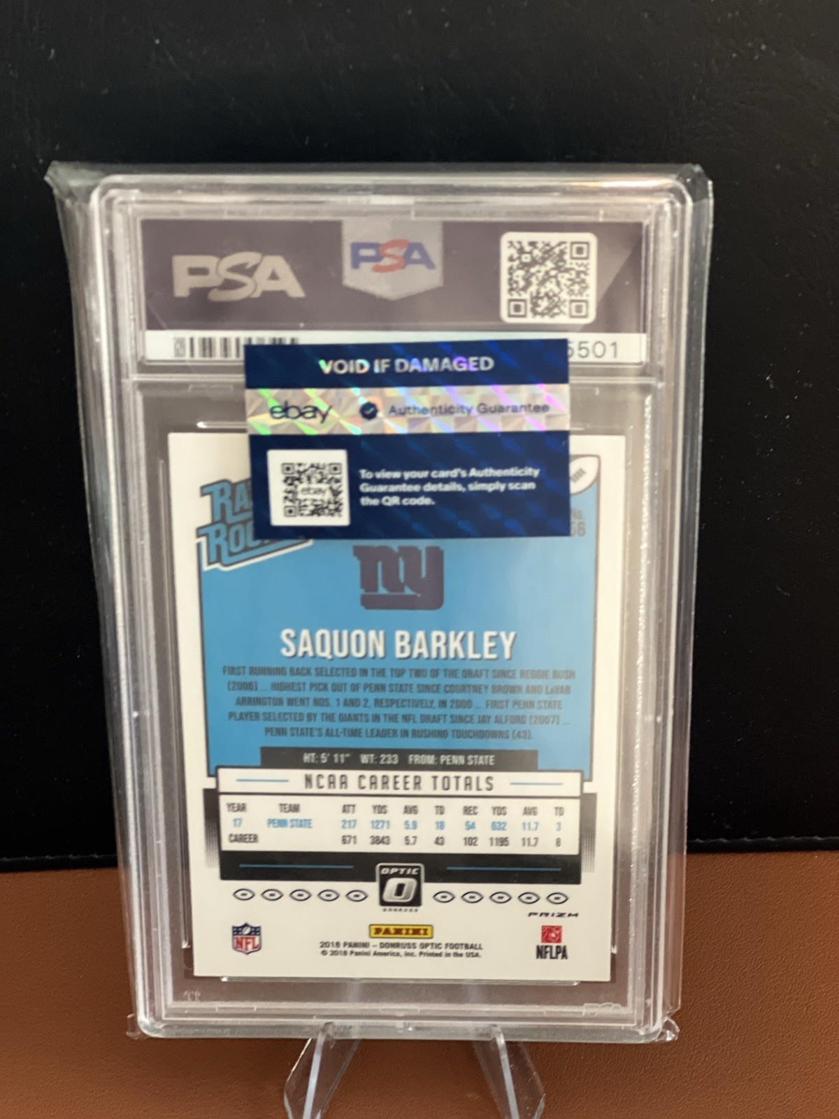 2018 Donruss Optic Saquon Barkley Rated Rookie Red Yellow Prizm RC #156 PSA 10 view 2