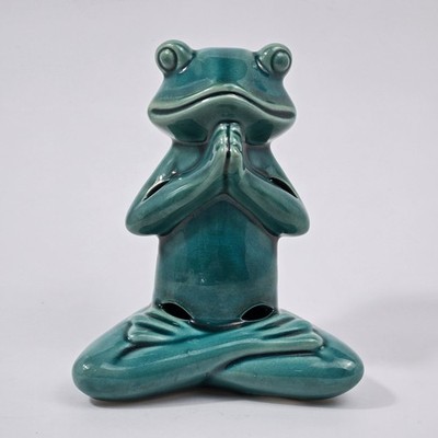 Teal Crackle Glaze Ceramic Meditating Frog Figurine Zen Yoga Decor 5.5 Inch