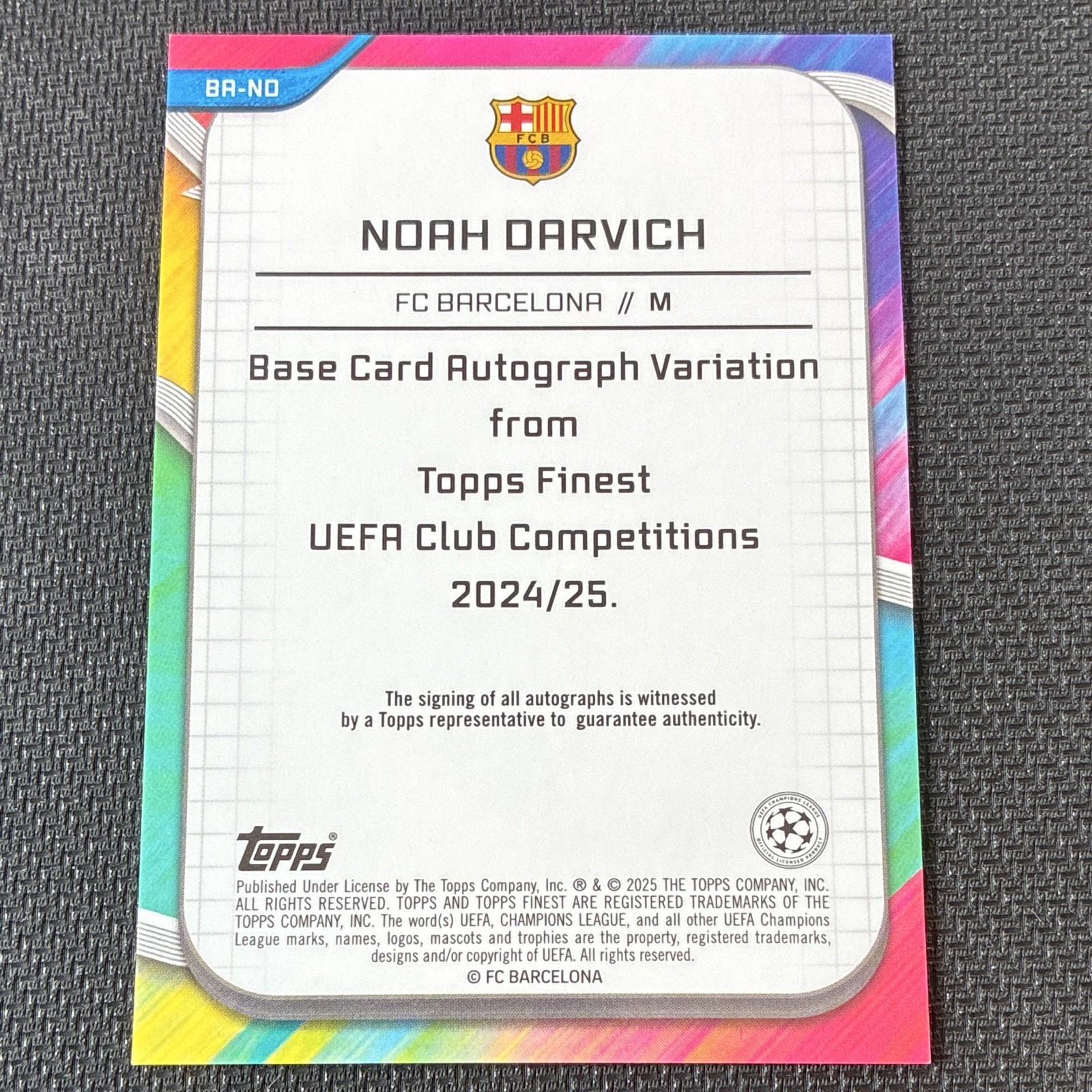 Topps 2024-25 Finest UEFA Noah Darvich Barcelona #BA-ND RC Auto view 2
