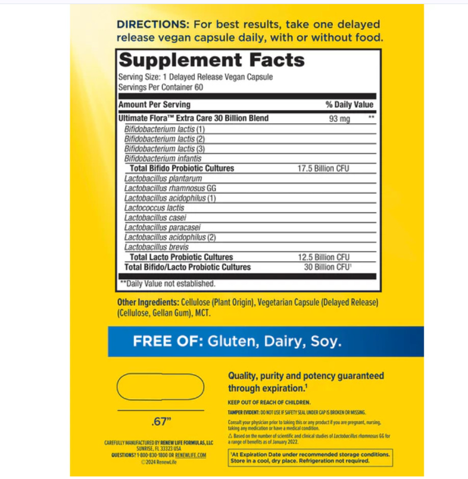 Renew Life Extra Care Ultimate Flora Probiotic 30 Billion CFU 60 Capsules