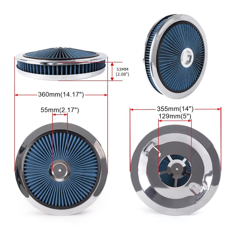Chrome Air Cleaner with Washable Filter, 14 x 2 Inch, Round Shape, Universal Kit - Imagem 2 de 4