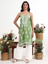 Green Rayon Chikankari Sleeveless Kurti Lucknowi Chikankari Ethnic Wear Kurta
